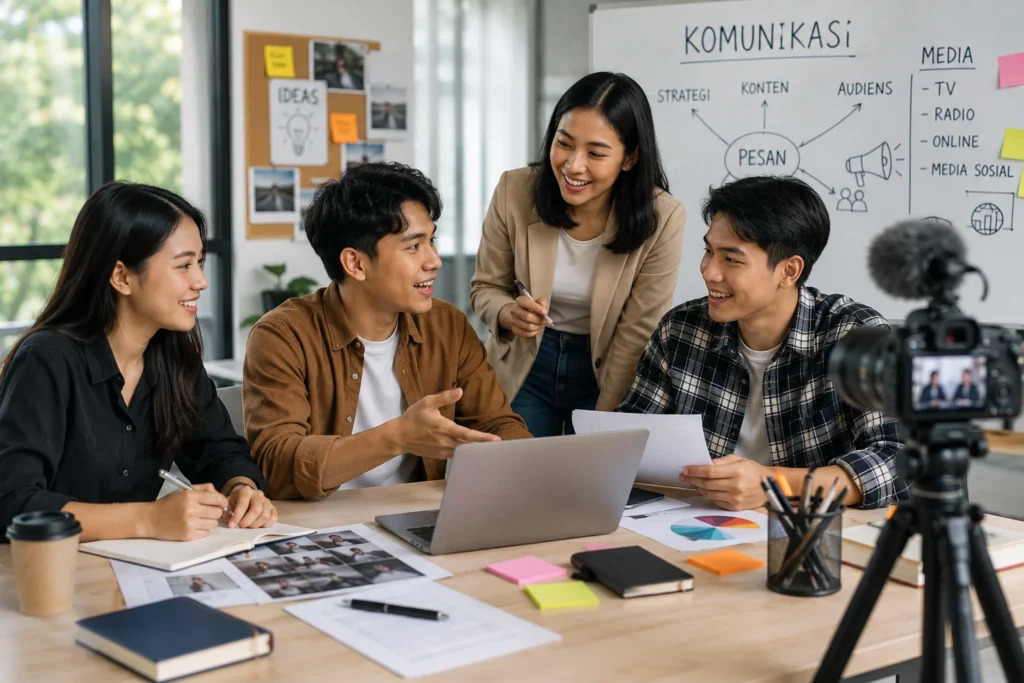 Mahasiswa Ilmu Komunikasi sedang berdiskusi dan membuat proyek media
